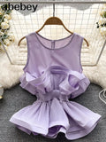 Summer Shirt For Women O Neck Sleeveless Sashes Casual Ruffle Blouses Female Clothing Fashion New 2022