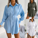 Wind Shooting Spring And Summer Leisure Lantern Sleeves Waist Asymmetric Dress Shirt Dress Women's