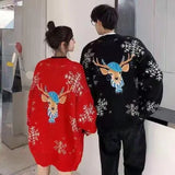 Women O-Neck Knit Pullovers Loose Double-sided Embroidery Reindeer Christmas Snowflake Warm Thick Medium Long