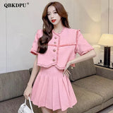 Fashion High Waist Pleated Mini Skirt Suit Women Sexy 2 Piece Set Elegant Short Sleeve Tassel Cropped Jacket Lady