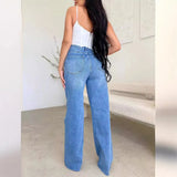 Stand Hole Denim Trousers Women High-Waisted Loose Straight-Lens Wide-Legged