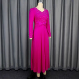Pearl Evening Dress 2025 New V-Necked Long Sleeves Hundred Rolled Dress Party High Waist Dress