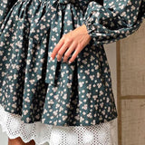 Toloer 2023 Women's French Elegant Bubble Sleeve Floral Dress Women's Standing Collar Waist Long Sleeve A-Line Skirt-Outfit