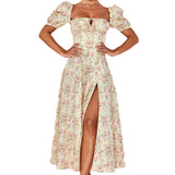 Toloer Women's New Floral Square Collar Sexy Slit Big Swing Autumn And Winter Dress