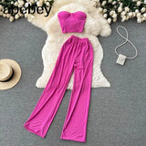 Women Solid Sexy Two Pieces Sets Summer Strapless Slim Camisole + Wide Leg Long Pants Sets Streetwear Two Piece