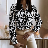 Pocket Letter Print Shirt Blouse Women New Arrival 2023 Button Long Sleeve Shirts Top Spring White Office Slim Tops Femme-Outfit