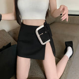 Mini Skirts Women Split Rhinestone Belt High Waist Black Slim Wrap Hip Sexy Skirt Female Streetwear Summer New 2024-Outfit