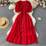 Women Elegant French Dress Sweet Puff Sleeve V Neck Single Breasted A-line Dresses Summer Casual Streetwear Midi Dress