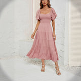 Shooting 2025 Women's Summer Solid Color High Waist Bubble Sleeves To Close Waist Dress
