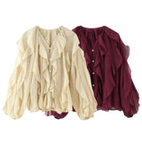 Decoration Fashion V-Neck Long-Sleeved Shirt 2025 Spring And Summer Thin Single-Dbutton Loose Top