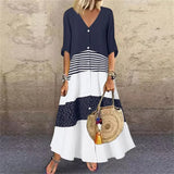 Summer V-Neck Short Sleeve Print Long Dress Button-Outfit