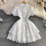 Summer Retro Temperament Elegant Collar Single Buckle White Lace Embroidery A Word Cake
