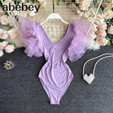 Women Summer Slim Elastic Rompers Korean V Neck Petal Sleeve Jumpsuit Fashion Casual Solid Streetwear