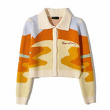 Embroidery Harajuku Knitted Single Breasted Cropped Cardigan Women Autumn Long Sleeve Turn Down Collar Sweater Coat
