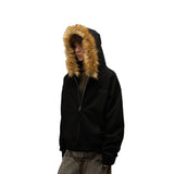 Selling Vintage Fur Collar Couple Hooded Zip Open-Air Jacket Oversize Design Niche