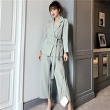 Autumn Winter Women Lace Up Pant Suit Notched Blazer Jacket Wide Leg Pant Office Female