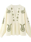 Spring V-Neck Lantern Sleeves National Style Embroidery Shirt Trend