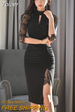 Office Women Bodycon Dress Lady Formal Sexy Lace Perspective Black Hollow Folds Slit Slim Party Club Robe Femme