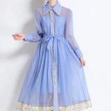 Light Luxury Tidive Lace Splicing Single-Ditch Lantern Sleeve Dress Female Waist Temperament Elegant