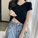 Women Casual T-Shirts V-Neck Knitting Sexy Crop Tops Screw Thread Solid Cute Clothes For Women T-shirt Summer