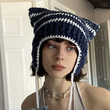 Toloer New Knitted Hat Fox Ear Devil Horn Striped Wool Hat Female-Outfit