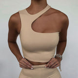 Toloer Summer Hot Style Women's New Sexy Shoulder Irregular Short Sports Vest Bottom Top-Outfit