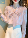 Han Queen Autumn Puff Sleeve Office Blusas Lace-Up Bow Vintage Embroidery Tops Chiffon Blouses Women Long Sleeve Casual Shirts-Outfit