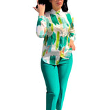 2023 Two Piece Set Womens Turn Down Collar Pant Sets Loose Print Long Sleeves Shirt Pencil Trousers Office Lady-Outfit