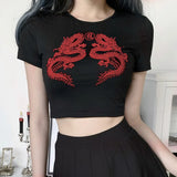 Toloer Women's Hot Selling China Wind Dragon Print Crop Cotton Short-Sleeved T-Shirt Versatile-Outfit