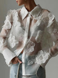 Toloer Retro Versatile Top Fall 2024 New Three-Dimensional Flower Embroidery Design Loose Mesh Perspective Shirt-Outfit