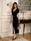 Multi-Clause Dress Knitted Solid-Colored Short-Sleeved Retro Elegant Knitted-Up-Buttoned Dress