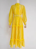 Casual Dress For Women Stand Collar Long Sleeve High Waist Ruffle Trim Solid Midi Dresses Female Spring Clothes