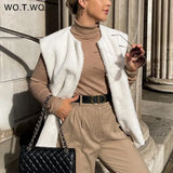 WOTWOY Autumn Winter Lamb Wool Vests Coat Women Thicken Warm Waistcoat Female Outwear Sleeveless Jackets White Chic Tops