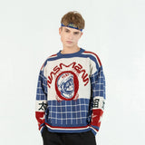 Baseball Uniform Space Cat Grid Numbers Embroidery Sweater Harajuku Retro Style Knitted Sweater Cotton Pullover