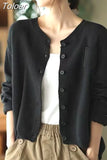 Women's Knit Long Sleeve Fashion Single Breasted Casual O-Neck Vintage Street Solid Cardigan Clothing Tops Autumn