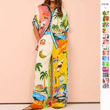 Women's Clothing 2026 New Fashion Print Tight Waist Pocket Wide Leg Pants Casual Suit Women's