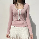 Toloer Girl Wind Lace Stitching Bow Long Sleeve T Shirt Square Collar Pit Strip Slim Solid Color Bottom Top-Outfit