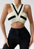 Spring White V-neck Sleeveless Stripes Crop Top