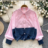 Dress Korean Fashion Design With Bow Denim Spliced Long-Sleeved Shirt Women Loose Shirt