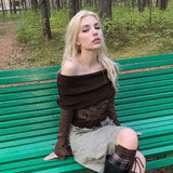 Toloer Do Old Butterfly Print Horn Sleeve T-Shirt New One Line Shoulder Slim Top Women-Outfit