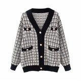 Black Plaid Sweater 2022 Women Loose Casual Pockets Cardigan Winter Spring Outwear Female Tops Femme Chandails
