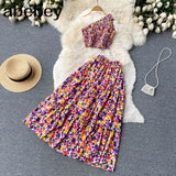 Summer Female Fashion Holiday Sets Floral Women Sexy Short Top+ A-line skirt Two Piece Set Beach Outifits Suits
