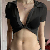 Toloer Girl Lapel Perspective Mesh Shirt Top Spring 2023 New Sexy Short Style With Short Sleeve Thin Shirt-Outfit