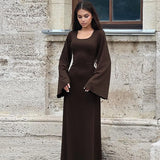 Toloer Women's New Autumn New Fashion Loose U-Neck Back With Long-Sleeved Dress-Outfit