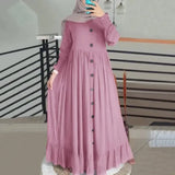 Muslim cotton and linen literature and art retro casual large-size round collar frilly dress in spring and autumn-Outfit