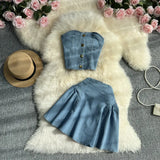 Toloer Cool Hot Girl Suit Skirt Female Summer Short Jeans Strapless Vest Top Two Set High Waist A-Line