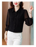 for Women Elegant 2023 Spring Summer Turn-down Collar Long Sleeve Solid Chiffon Button Shirt Casual Fashion Tops-Outfit