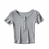 New Solid Color Four-Button Elastic Basic T-Shirt Summer Women's Short Navel-Missing Short-Sleeved Blouse-Outfit