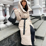 Hooded PU Parkas Women Fashion Tie Belt Coats Women Elegant Solid Faux Leather Slim Long Cotton Jackets Female