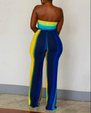 Women's Summer Bandeau Sleeveless Jumpsuits with Belt Non-Stretch Ombre Tie Dye Tied Detail Straight Leg Female